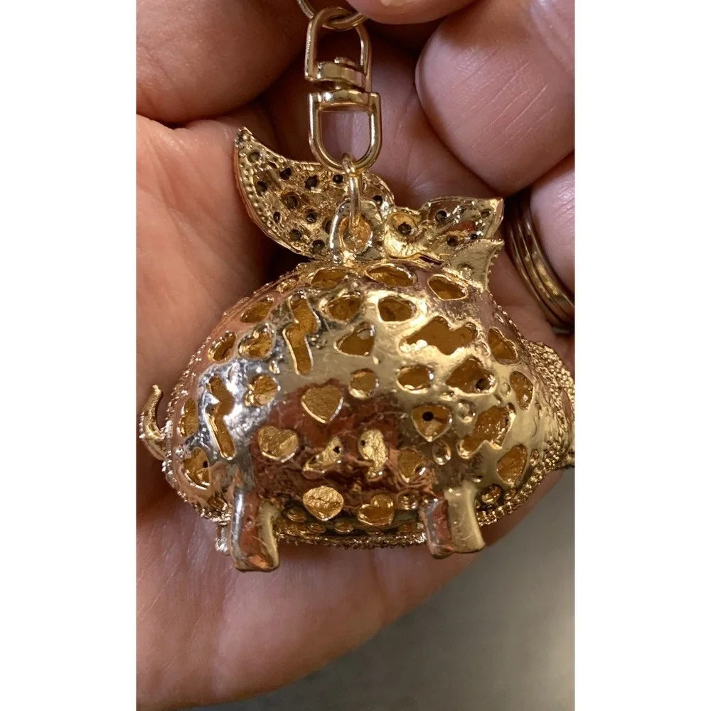 Pig With Bow Keychain Bejeweled Rhinestone Purse Jewelry Bling Clip Key Ring